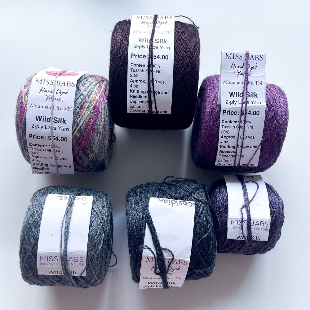 Lot of Miss Babs Hand Dyed Wild Silk 2-Ply Lace Yarns 6 Skeins